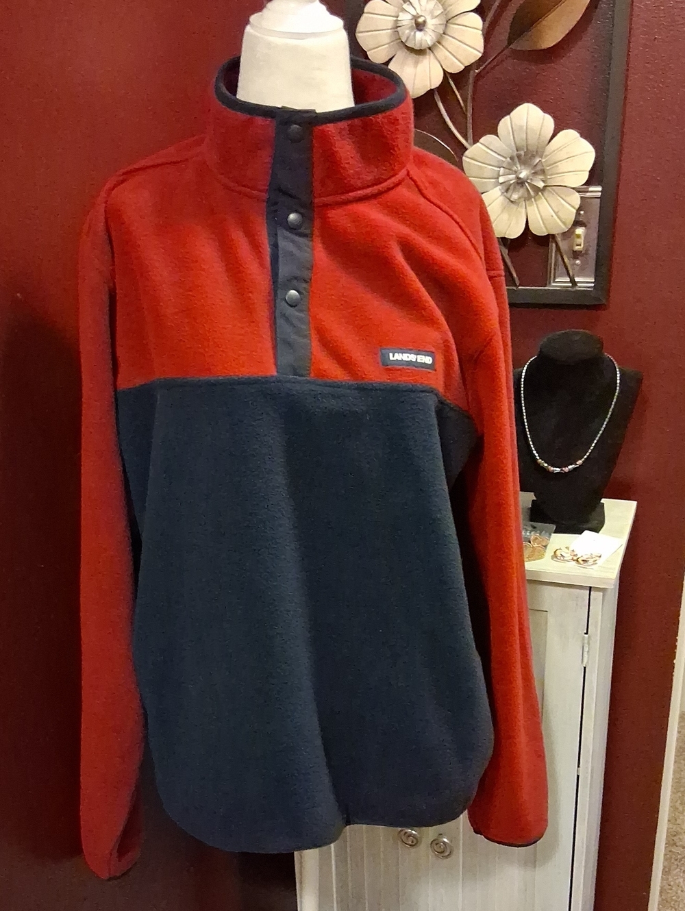 Unisex Lands' End Red and Navy Half-Snap Fleece Pullover